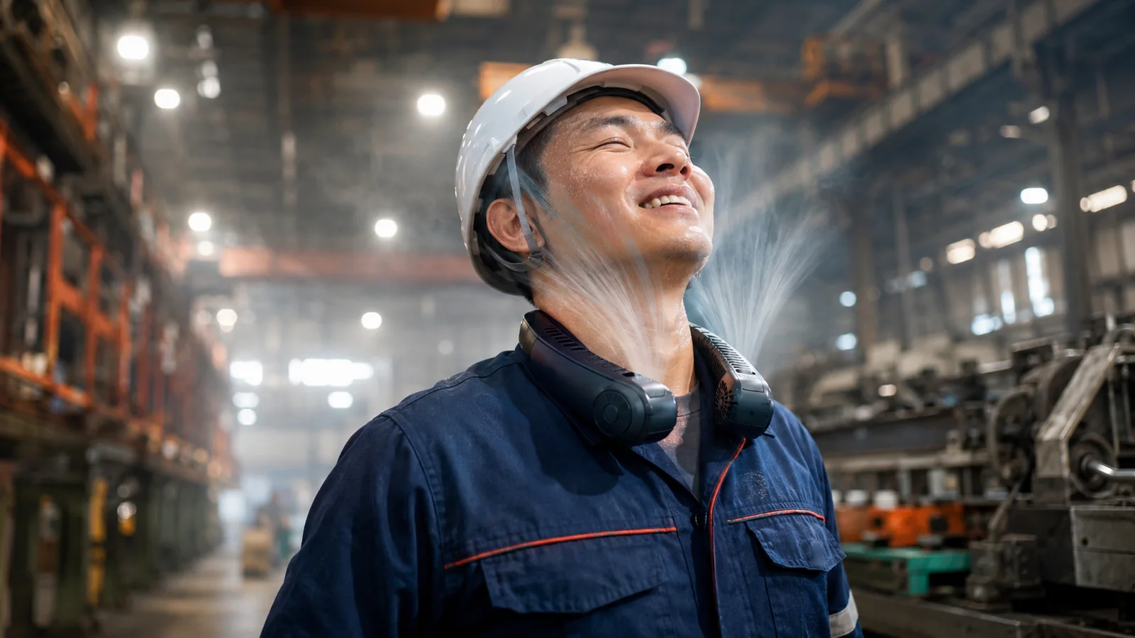 Trabajador industrial usando un ventilador de cuello dentro de una planta de producción