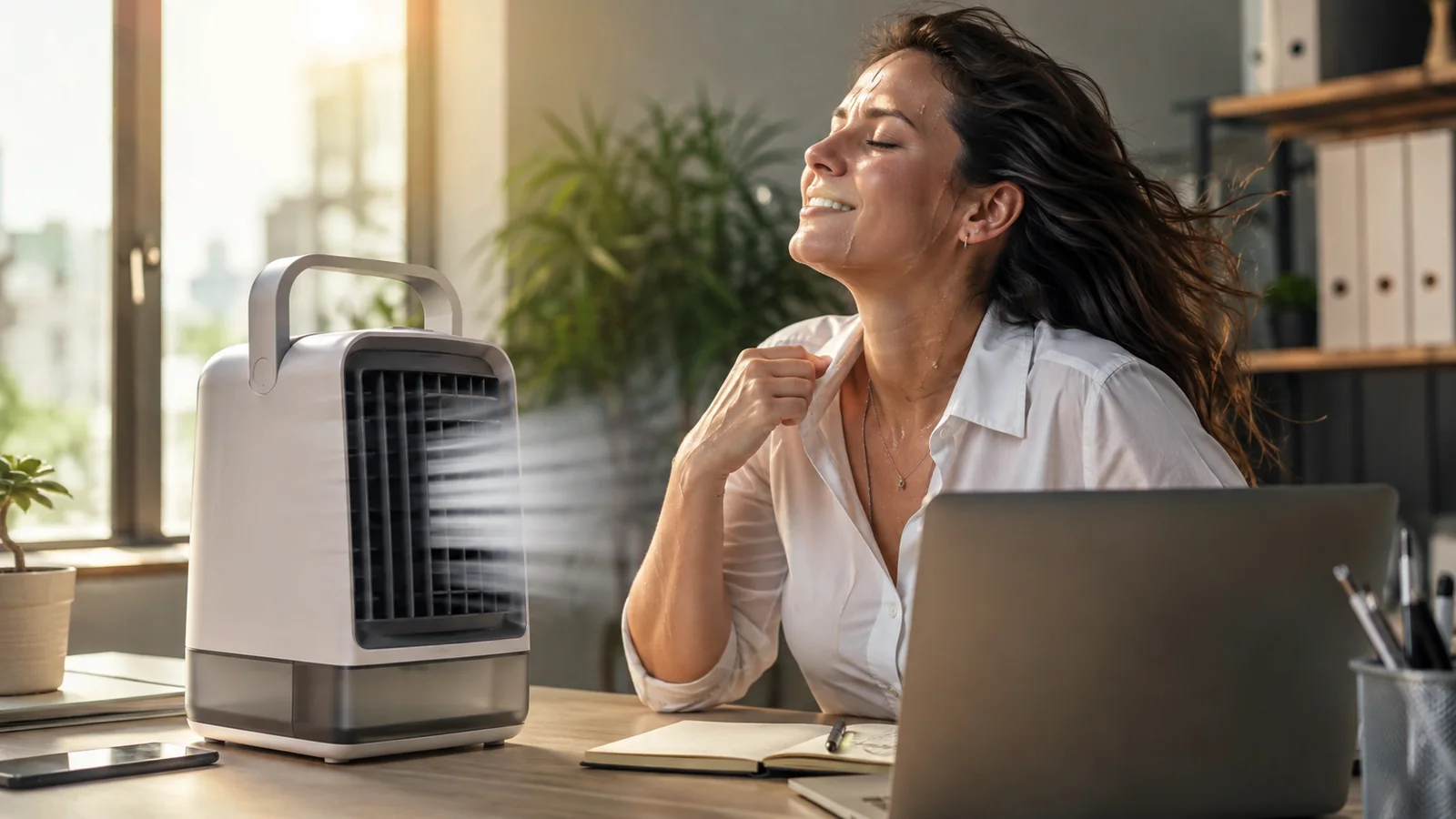 Trabajadora de oficina refrescándose con un enfriador de aire personal sobre el escritorio