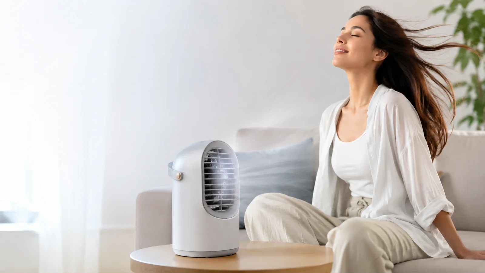 Mujer disfrutando del aire fresco de un enfriador personal en una sala luminosa