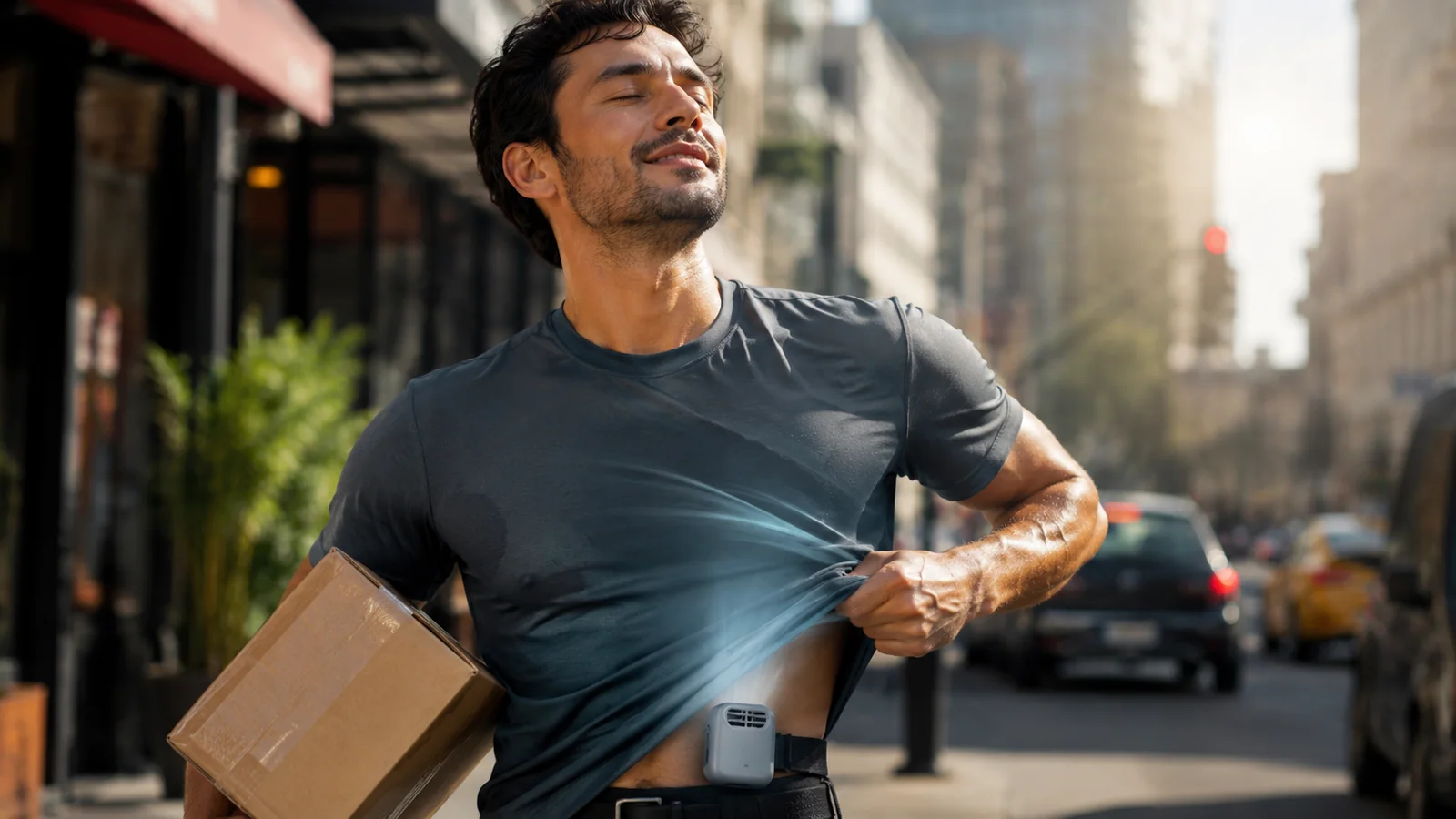 Repartidor disfrutando del aire de un ventilador personal sujeto a la cintura